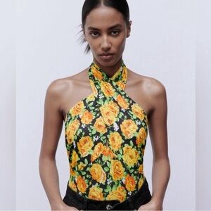 ZARA NWOT TWIST NECK FLORAL HALTER BODYSUIT SMALL